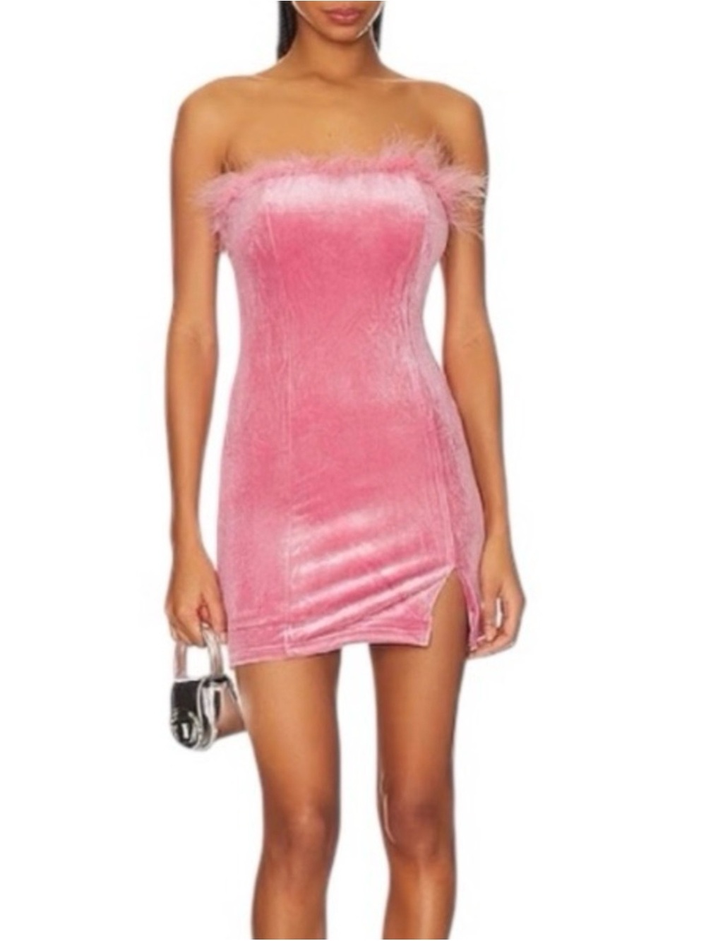 Superdown Pink Velvet Mini Dress with Feather Trim